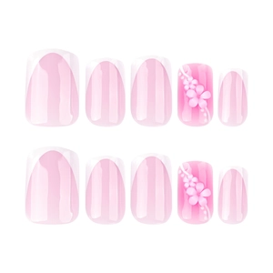 Pink gradient French press on nails with white 3D flowers in a 10-piece square set