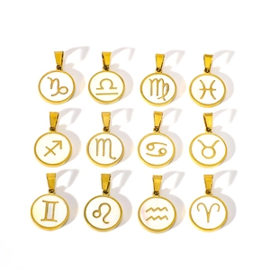 Lot de 12 pendentifs zodiaque en acier doré avec incrustation de nacre blanche sur fond blanc