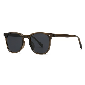 Classic round polarized sunglasses with transparent brown frames and silver rivets