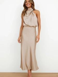 Elegant Satin Halter Neck Sleeveless Maxi Dress For Women Party Bridesmaid Wedding Evening Prom Backless High Waist
