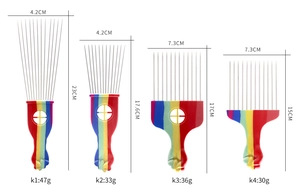 Detailed size and weight specifications for four colorful metal needle hair styling combs