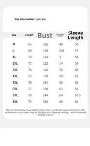 Detailed size chart for men's jacket ranging from M to 8XL with precise measurements
