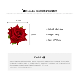 Detailed specifications of red fabric rose hair clip showing 5.5x6.5cm dimensions