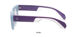 Detail view of thick light blue frame sunglasses with purple temples and triple rivets
