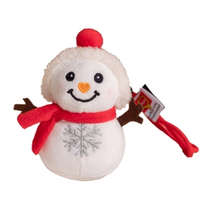 Plush snowman keychain with red hat and scarf featuring silver snowflake embroidery