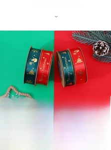 Close-up of red and green Christmas ribbons with gold foil snowflakes and Merry Christmas text