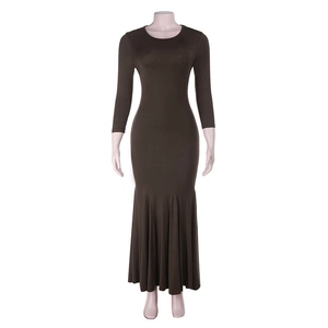 Detail of a slim fit brown long sleeve maxi dress with elegant fishtail hemline