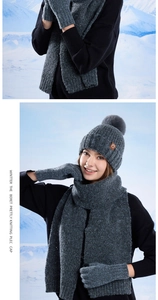 Close-up of winter knit beanie scarf and gloves set with pompom in dark grey
