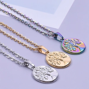 18k gold plated stainless steel Tree of Life necklaces in gold, silver, and rainbow tones