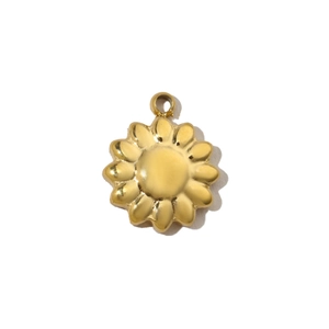 Detailed view of a golden sunflower pendant in polished stainless steel on white background