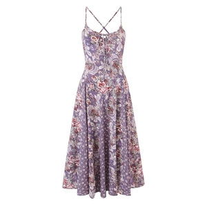 Robe Maxi En Rayonne À Imprimé Paisley Floral Violet Col En V Dos Nu À Brides Croisées Style Bohème Vintage Sans Manches Femme