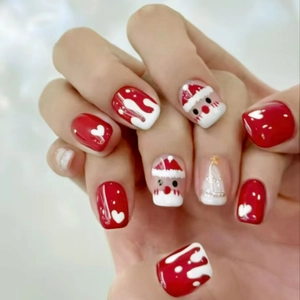 Christmas Press On Nails Short Square ABS Plastic Santa Claus Melting Snowman Red White Glossy Festive Manicure For Girls