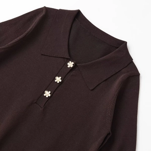 Deep brown knitted polo shirt for women featuring delicate pearl floral buttons