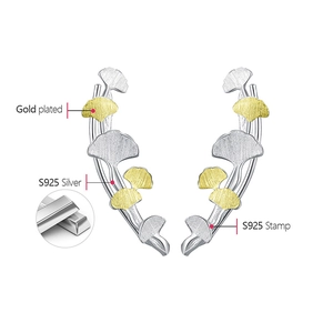 Detailed macro view of S925 sterling silver ginkgo leaf earrings with gold plated texture