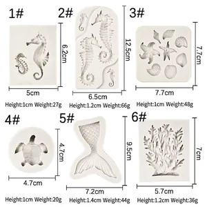 6-piece marine animal silicone mold set featuring seahorse, mermaid tail and corals