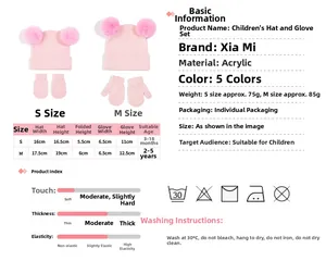Size chart for baby winter knit hat and mittens set with pom-poms for ages 3 months to 5 years