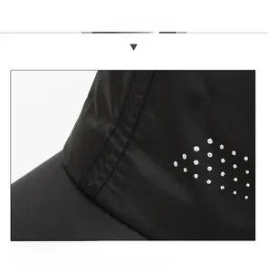 Macro view of precise stitching on the crown of a breathable quick-dry black baseball cap