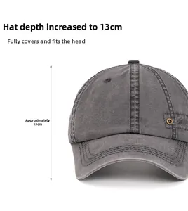 Detail view of washed cotton baseball cap with 13cm deep crown for a perfect head fit