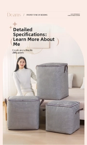 Detail of houndstooth storage bags with reinforced handles and durable zippers