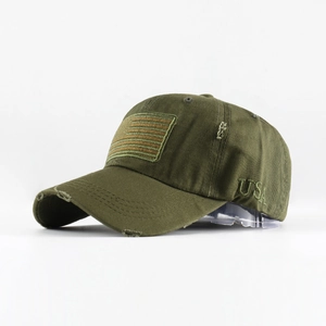Vintage army green cotton baseball cap with American flag patch and USA embroidery