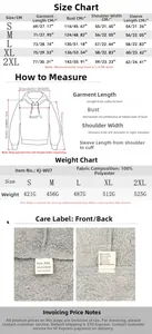 Detailed size chart for men hoodie with fleece, showing measurements and fabric information
