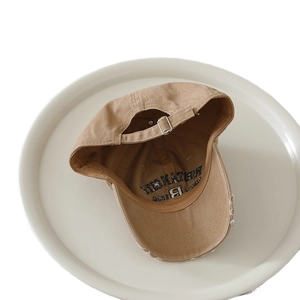 Khaki cotton baseball cap for kids featuring vintage B letter embroidery and distressed brim