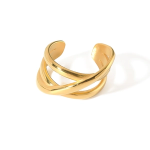 18K gold plated multi-layer crisscross stainless steel open ring with polished finish
