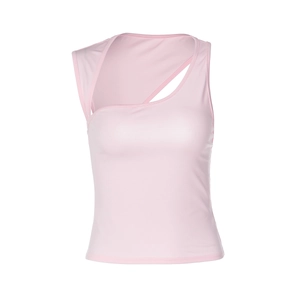 Detailed view of pink slim-fit top featuring unique asymmetric cutout neckline design