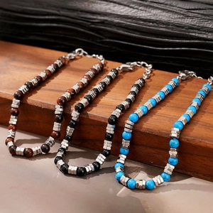 Tiger eye and turquoise beaded bracelet set with metallic charms and lobster clasp