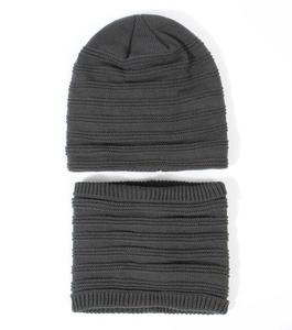 Close-up of dark grey ribbed knit beanie and neck warmer set for winter warmth
