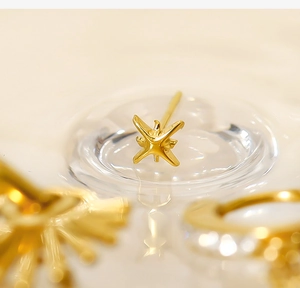 Macro view of 18K gold plated star earring with polished metallic finish and tassel detail
