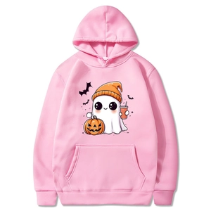 Pink Halloween hoodie with cute ghost and pumpkin print on a clean white background