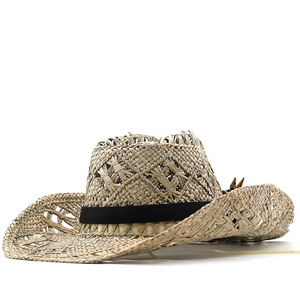 Handwoven straw cowboy hat with hollow patterns and black ribbon decoration for summer
