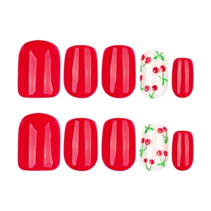Short square press-on nails set with red cherry patterns and glossy finish