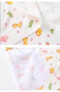 Macro detail of soft cotton newborn swaddle featuring colorful cartoon animal patterns