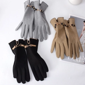 Women Winter Warm Touchscreen Gloves Polyester With Metal Horsebit Buckle Faux Leather Strap Elegant Windproof