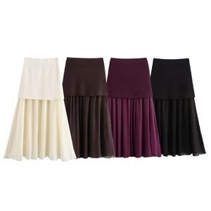 Women layered knit pleated maxi dress in beige, coffee, purple, and black colors
