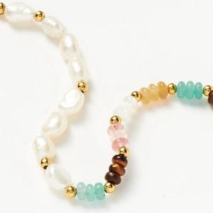 Baroque natural pearl and amazonite beaded jewelry set with gold metal accents