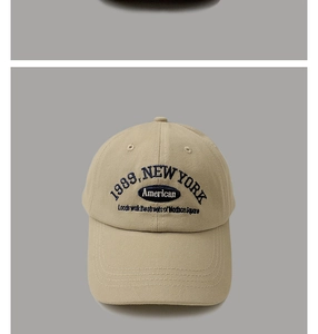 Detailed view of navy blue 1989 New York embroidery on beige cotton baseball cap