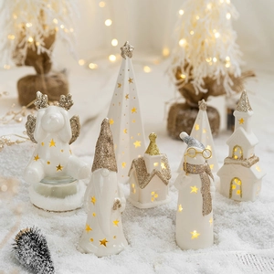 Christmas Ceramic Glowing LED Tabletop Ornaments Star Hollow Reindeer Snowman House White Glazed Gold Glitter Holiday Decor
