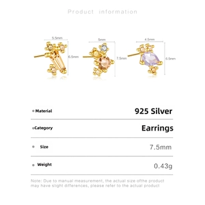 Detail view of 925 sterling silver mini studs with zirconia in rectangle and teardrop shapes