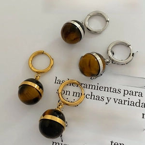 Tiger eye natural stone drop earrings with gold and silver hoops in a retro luxury style