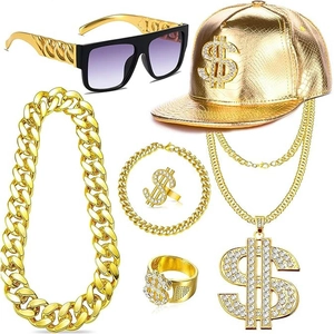 Gold hip-hop accessory set with dollar sign jewelry and crocodile pattern baseball cap