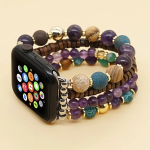 Beaded Apple Watch strap with amethyst, green agate, and dark wood beads in multi-layer style