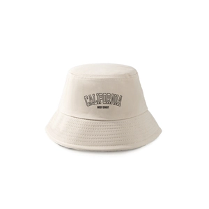 Close-up detail of CALIFORNIA West Coast text print on cream canvas bucket hat