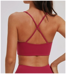Detailopname van magenta sportbeha met gekruiste rugbandjes en elastische band