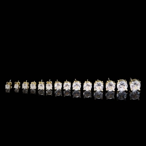 Detailed comparison of round-cut zircon stud earrings in various sizes with 4-prong settings