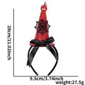 Halloween witch hat headband size details with 28cm height and glittery pumpkin ornament