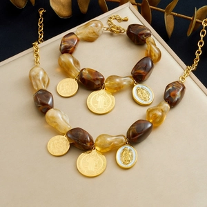 Vintage Religious Jewelry Gold Plated Stainless Steel Resin Beads Saint Benedict Virgin Mary Coin Necklace Bracelet Women