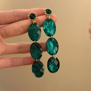 French vintage green resin tassel earrings with gold-plated metal loops for women